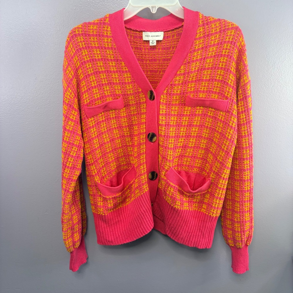 Pink Orange Cardigan Sweater Size M Barbie Preppy Tweed Look Chunky Chanel Style